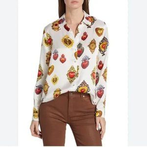NWT L'AGENCE Tyler Silk Blouse White Multi Large Jewel, Size S